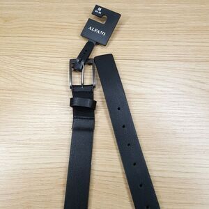 ALFANI Belt Mens Size Medium 34 36 Black Faux Leather Stretch Silver Buckle